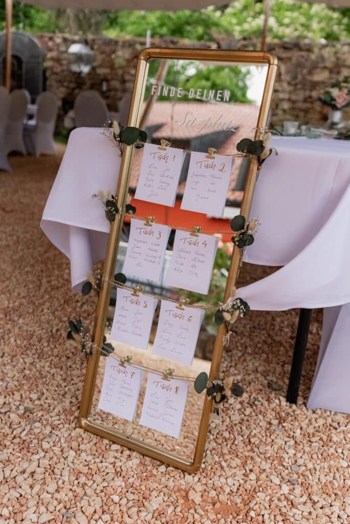 Sitzplan auf Staffelei mit Blumendeko bei Hochzeit