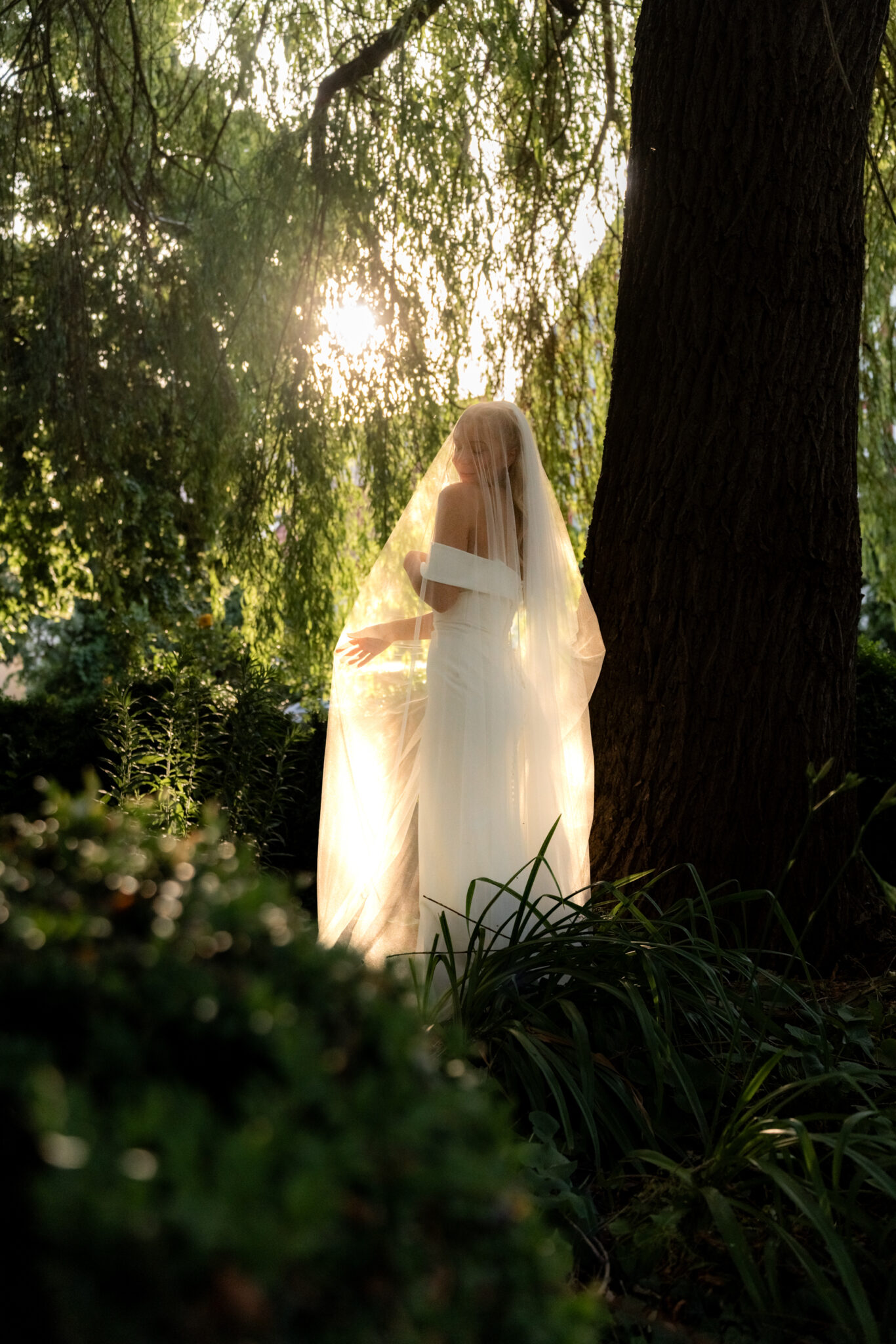 Braut mit Schleier im Sonnenlicht im Garten