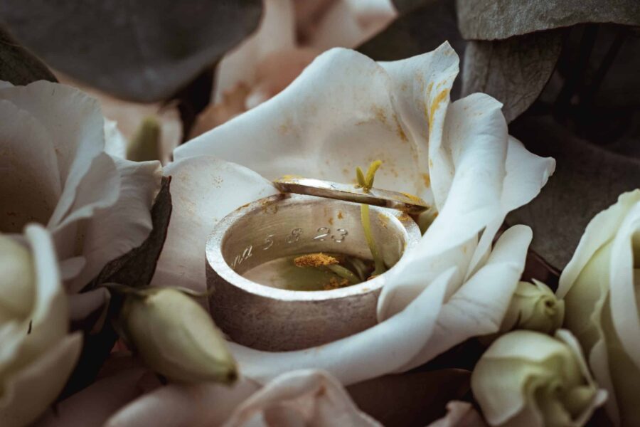 Eheringe auf weißen Rosen eingestellt