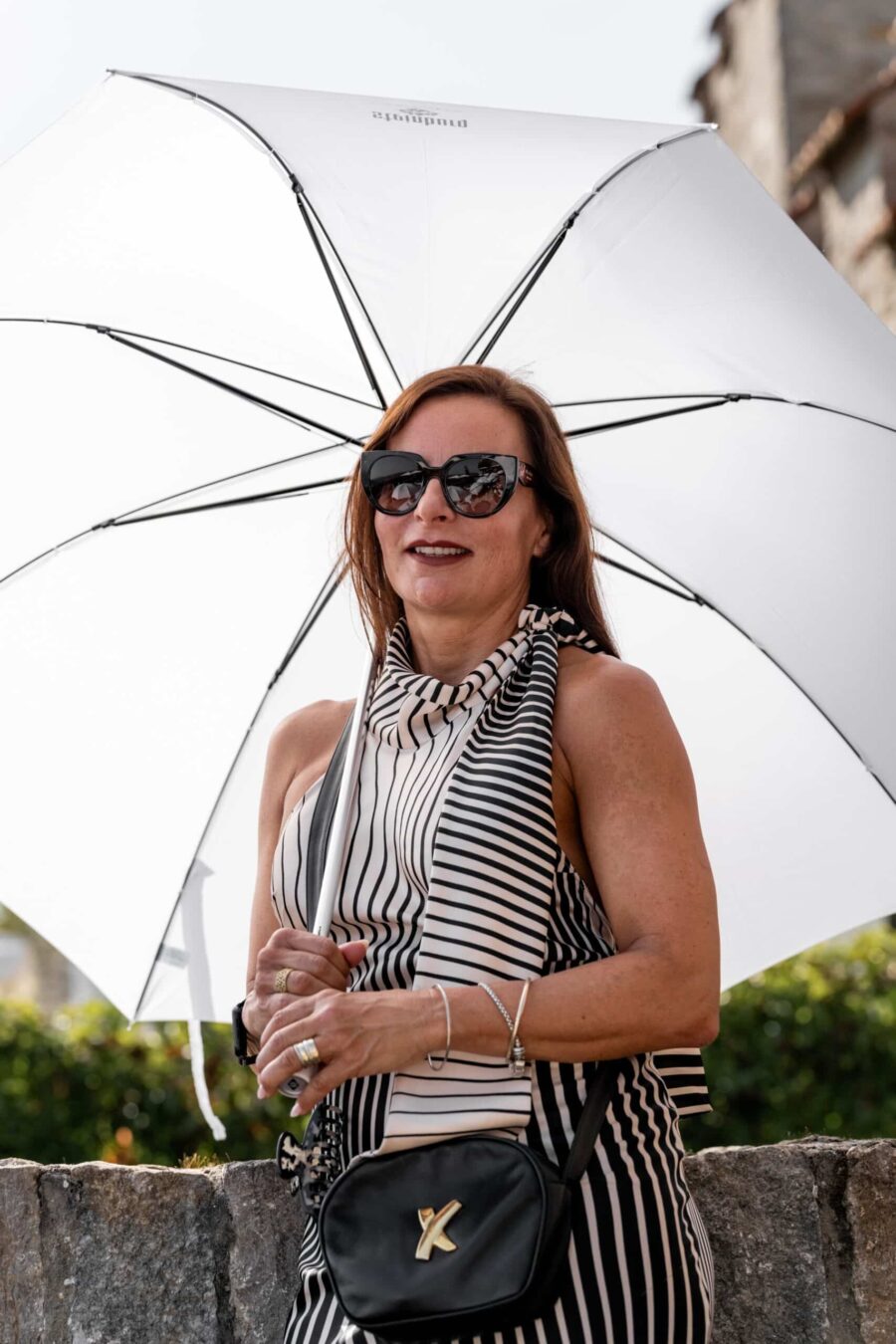 ```markdown
Gast mit Sonnenbrille und Regenschirm im Garten
```