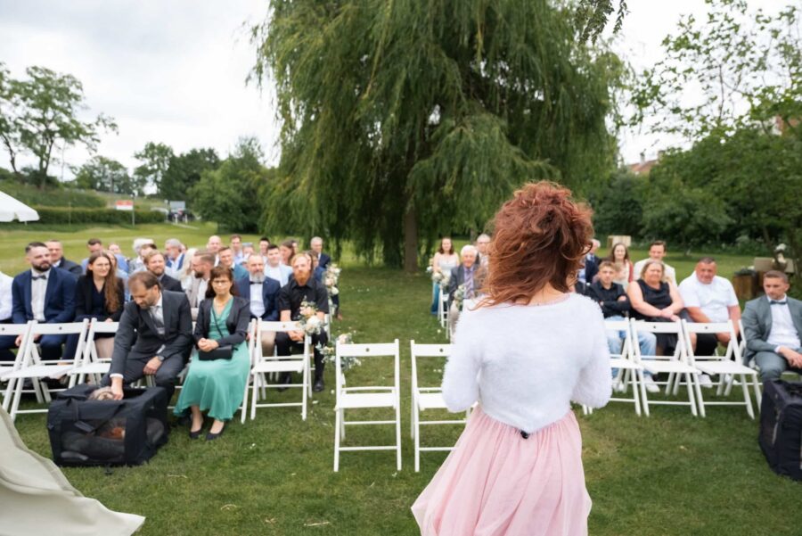 Gartenhochzeit mit sitzenden Gästen und Baumkulisse