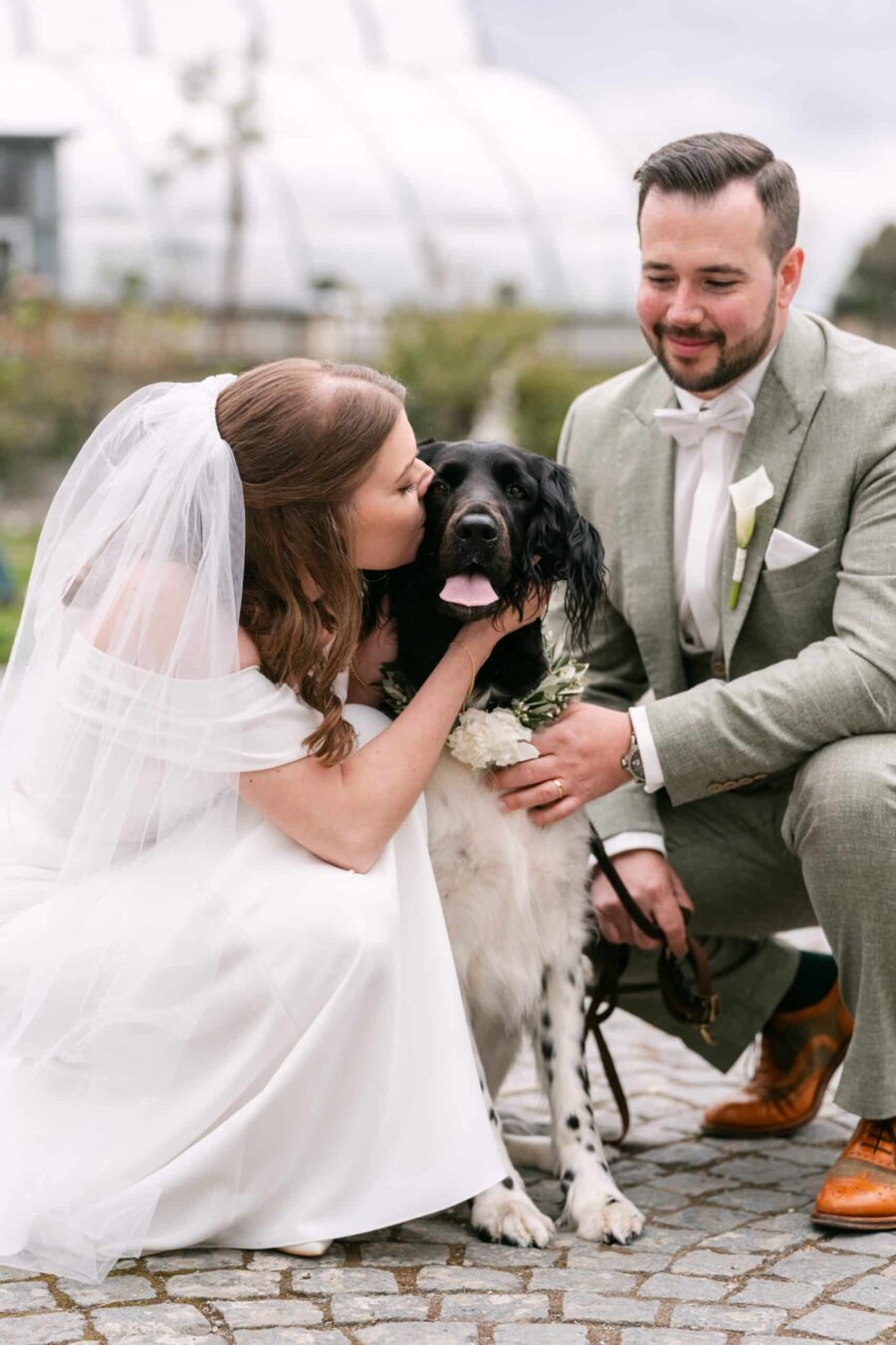 Brautpaar mit Hund, Kussmoment im Freien
