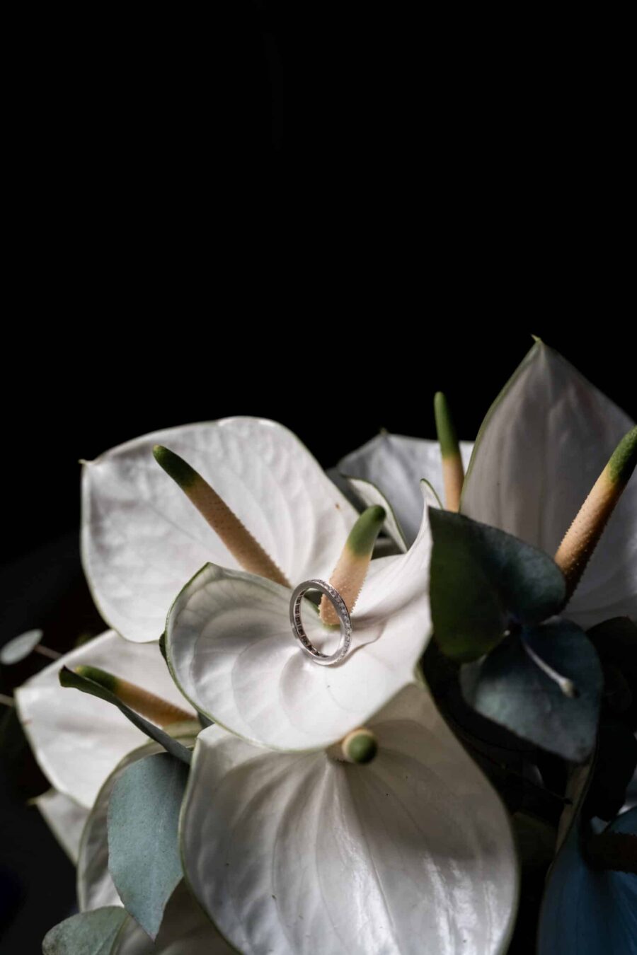 Ehering auf weißen Blumen zur Hochzeit gelegt Villa Oriental