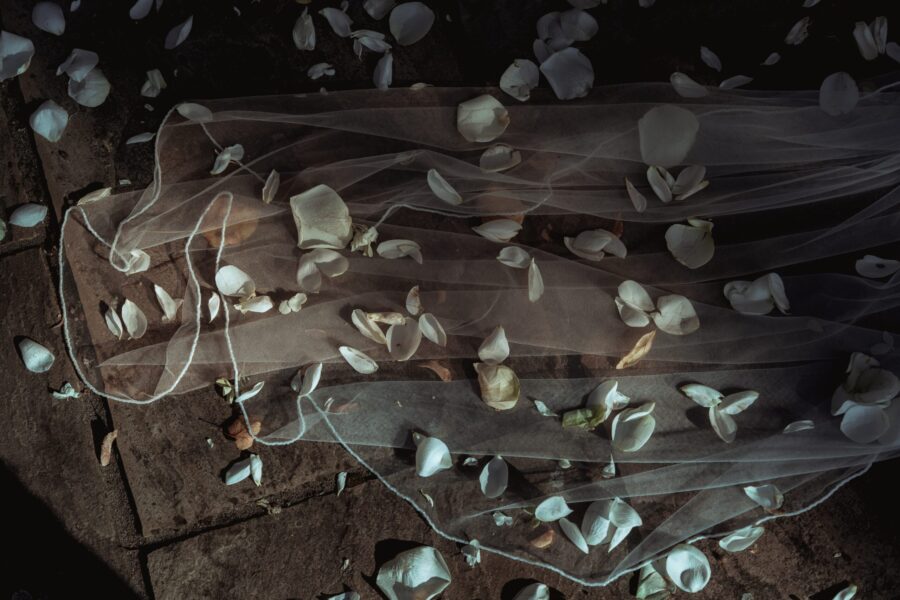 Blütenblätter auf Spitzenstoff am Boden