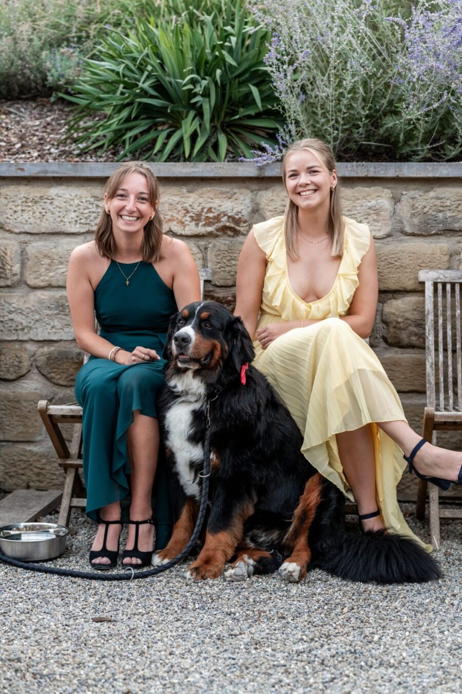 Gäste mit Hund vor Gartenmauer bei Hochzeit