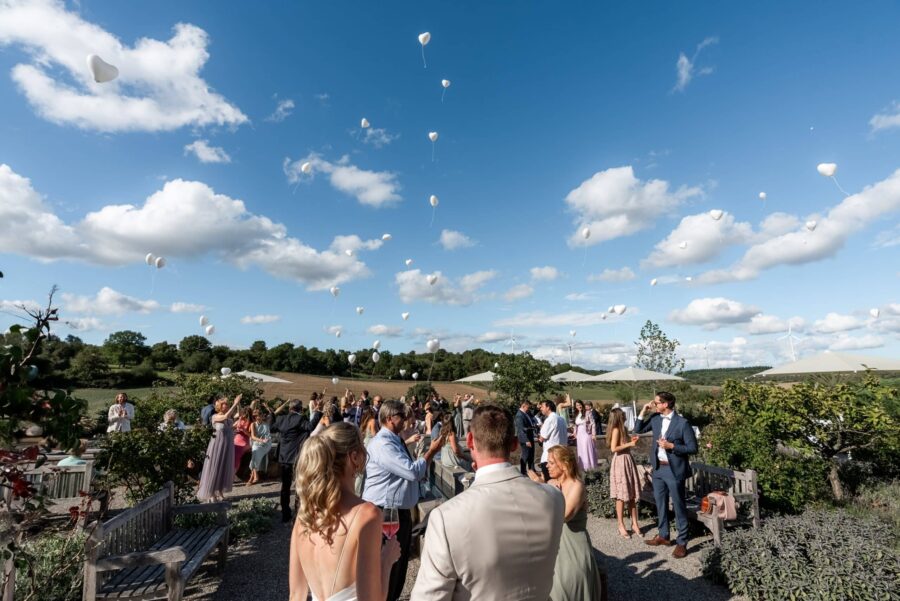 Hochzeitsgesellschaft in Garten mit fliegenden Ballons